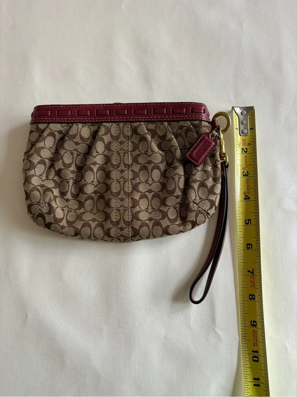 Coach Brown Signature Canvas Wristlet with Burgundy Trim